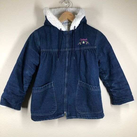 Vintage Kids OshKosh B’Gosh Sherpa Lined Denim Jacket Hooded Made In USA - Picture 1 of 10